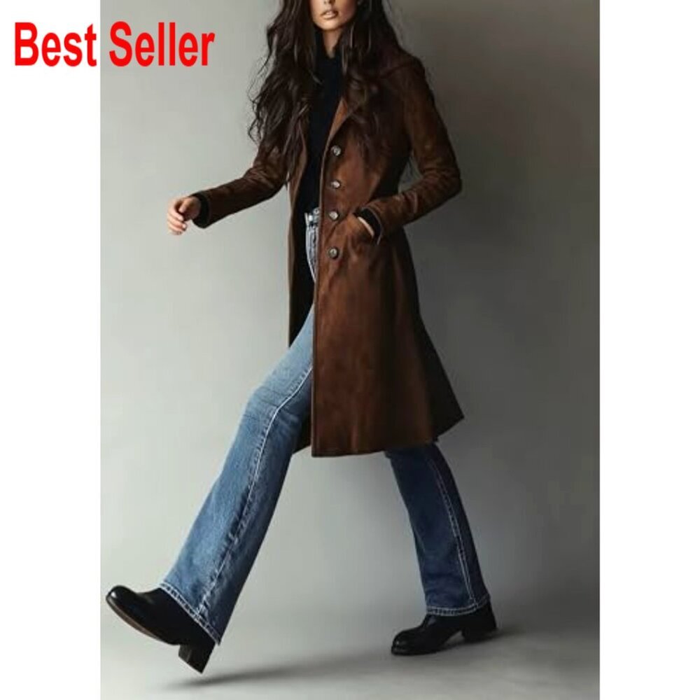 Faux Suede Trench Coat Classic Slim Fit Elegant Long Overcoat with Pockets - Picture 5 of 7
